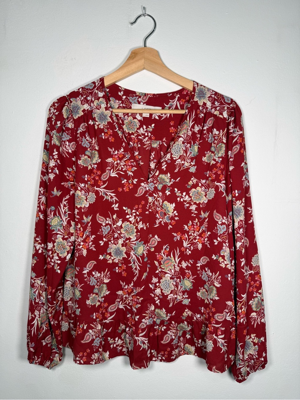LOFT Maroon Floral V-Neck Long Sleeve Blouse